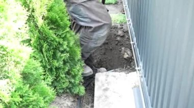 İşçi bir kürekle yere elektrik kablosu döker.