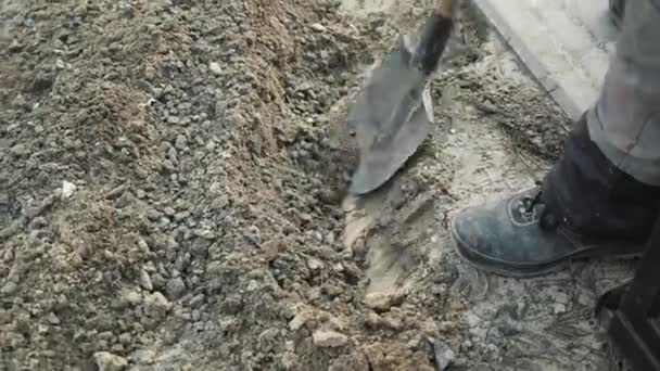 Trabalhador Cava Fios Elétricos Chão Com Homem Cava Uma Vala — Vídeo de Stock