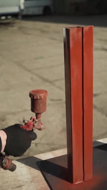 Craftsman Paints Metal Structure Using Spray Gun Worker Applies Paint — Stock Video