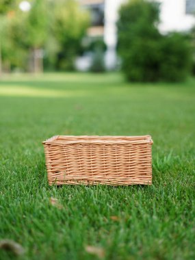 Boş Hasır Sepet yeşil çimlerin üzerinde. Metin için alanı kopyala