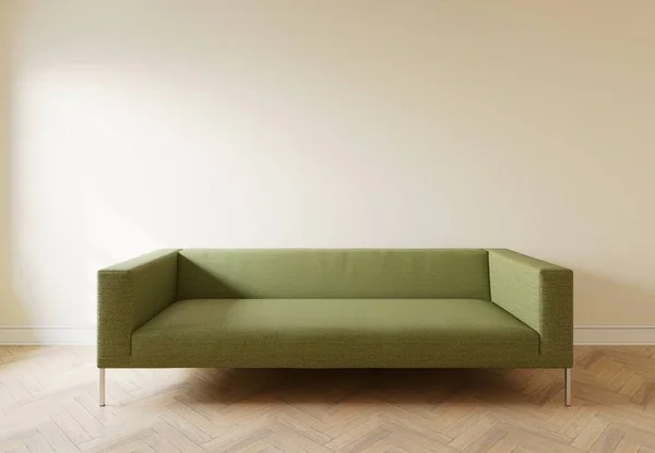 Puste Wnętrze Makieta Sofą Ścianą Zielona Sofa Wnętrzu Wolną Przestrzenią — Zdjęcie stockowe