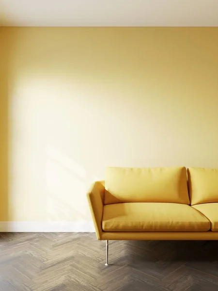 Puste Wnętrze Makieta Sofą Ścianą Żółta Sofa Wnętrzu Wolną Przestrzenią — Zdjęcie stockowe