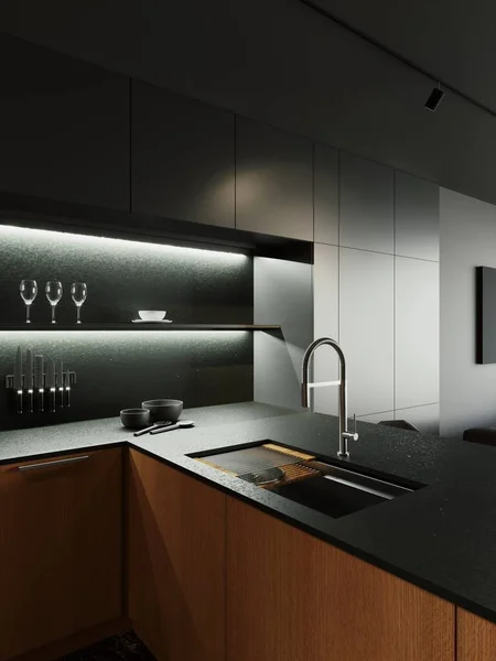 Kitchen in dark colors with a wooden bottom. Stylish kitchen with shelves and lighting and a large island. 3d render