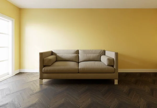 ソファと壁で空のインテリアモックアップ 壁には無料のスペースがあり 内部の軽いソファ 3Dレンダリング — ストック写真