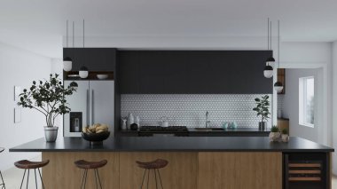 Büyük bir adası, bar taburesi ve şarap dolabı olan mutfak. Mutfak içi büyük buzdolabı ve bitkilerle dolu. 3d görselleştirme.