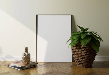 Yerde beyaz bir poster ve boş çerçeve modeli var. Tasarım önizlemeniz için düzen modellemesi iyi kullanılacak. 