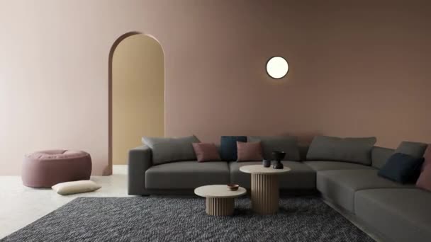 Animation Eines Interieurs Mit Einem Bogen Pastellfarben Innenlage Mit Möbeln — Stockvideo