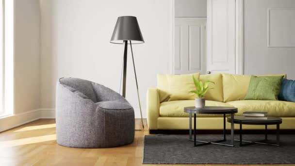3D动画一个明亮的内部与一个黄色沙发和灰色扶手椅 现代客厅五彩缤纷的内部 — 图库视频影像