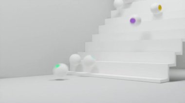 Çok renkli noktaların rastgele merdivenlerden düştüğü beyaz küreli üç boyutlu güzel bir kompozisyon. Beyaz arkaplan ve parlak lekeli kürelerin canlandırması.