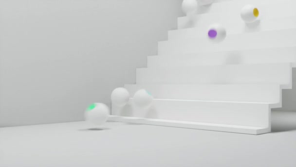 Çok Renkli Noktaların Rastgele Merdivenlerden Düştüğü Beyaz Küreli Boyutlu Güzel — Stok video