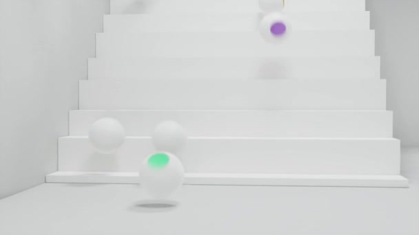 Bela Composição Com Esferas Brancas Com Pontos Multicoloridos Que Caem — Vídeo de Stock