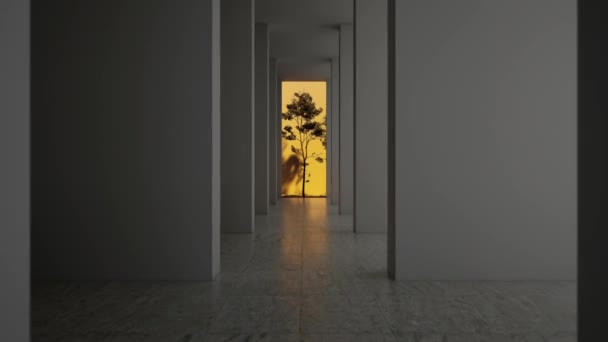 廊下の内側の場所 その最後には 暖かい光を持つ長方形のアーチと大きな木があります 空の壁を持つギャラリーの3Dレンダリング — ストック動画