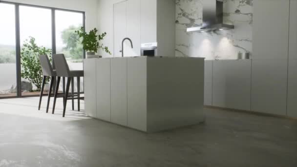 3D视频一个现代的白色厨房与一个岛屿 白色厨房 白色大理石 简约风格 — 图库视频影像