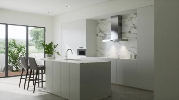 3D视频一个现代的白色厨房与一个岛屿 白色厨房 白色大理石 简约风格 — 图库视频影像