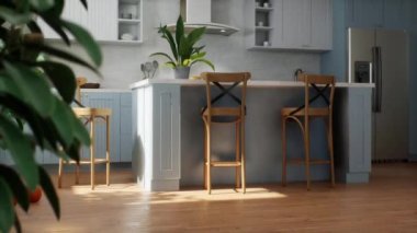Mavi dolapları ve adası olan rahat bir mutfağın 3 boyutlu animasyonu. Modern lüks mutfak iç tasarımı.