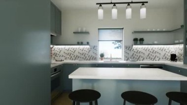 Adayı olan yeşil bir mutfak. Üç boyutlu mutfak, uzun dolaplar ve mutfak gereçleri. 3d canlandırma