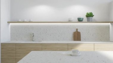 Ada ve ahşap çekmeceleri olan minimalist tarzda hafif bir mutfak. Mutfağın 3 boyutlu animasyonu. Beyaz atölyeyle aydınlatılmış mutfak. 