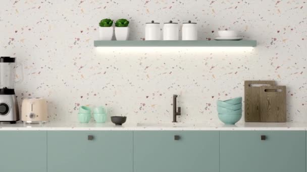 3D动画绿色厨房与白色工作面和厨房用具 厨房特写 — 图库视频影像