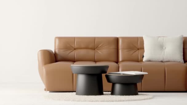 白色内饰的褐色沙发 工作室内部沙发演示的3D动画 客厅内部 — 图库视频影像