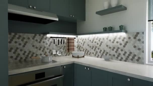 有岛屿的绿色厨房 3D渲染带有高柜和厨房用具的厨房 3D动画 — 图库视频影像