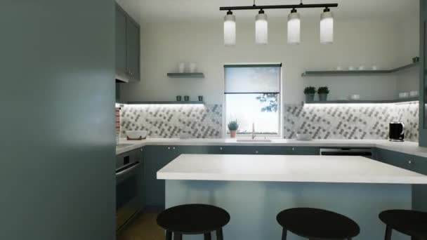 有岛屿的绿色厨房 3D渲染带有高柜和厨房用具的厨房 3D动画 — 图库视频影像