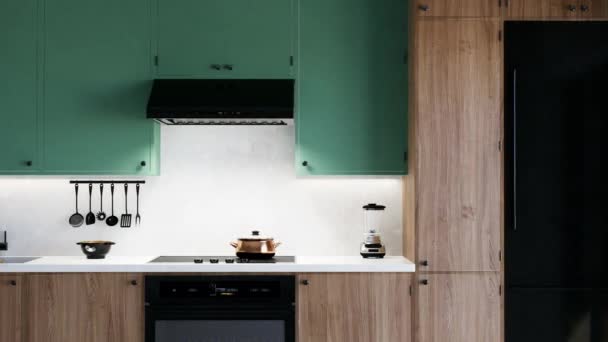 3D动画绿色厨房与白色工作面和厨房用具 厨房特写 — 图库视频影像