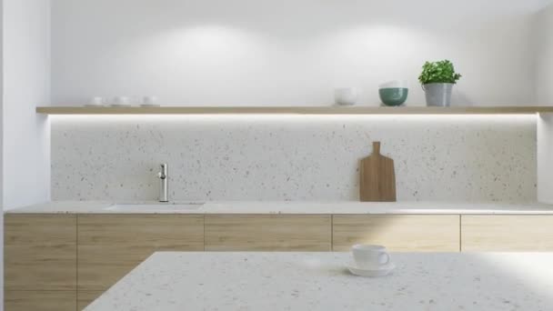 轻巧的厨房 风格简约 有一个岛屿和木制抽屉 厨房的3D动画 明亮的厨房 白色工作台 — 图库视频影像