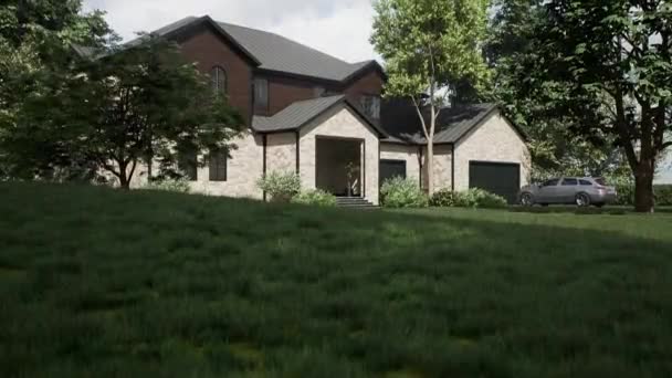 有两个车库的漂亮大房子 3D动画的房子 有砖头和木料的房子 — 图库视频影像