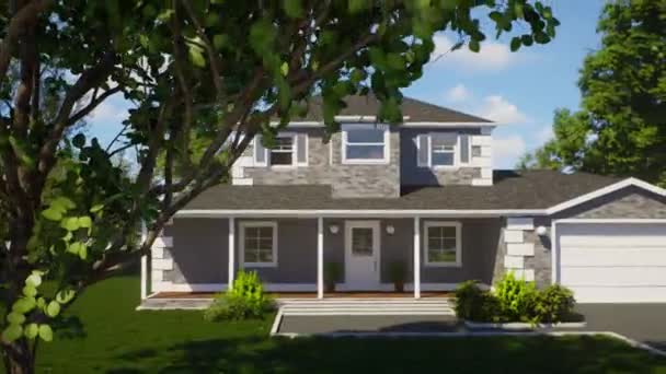 Piękny Szary Dom Cegły Animacja Domu Krajobrazem Amerykański Dom Garażem — Wideo stockowe