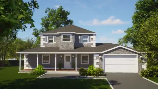 漂亮的灰色砖屋 3D动画的房子与景观 美国有车库的房子 — 图库视频影像