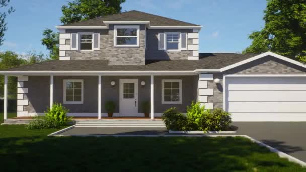 漂亮的灰色砖屋 3D动画的房子与景观 美国有车库的房子 — 图库视频影像