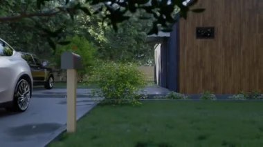 Küçük ahır tarzı bir evin 3 boyutlu videosu. Metal çatılı modern bir ev. Manzaradaki güzel minimalist ev.