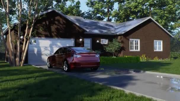 Animação Casa Exterior Com Garagem Paisagem Casa Tijolo Com Gramado — Vídeo de Stock