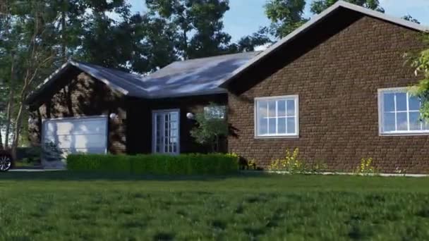 3D动画的房子外观与车库和景观 有维护良好的草坪和花园的砖屋 — 图库视频影像