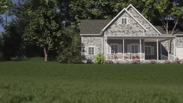 3D动画一个舒适的美国房子 有一个车库和一个大阳台 有绿色草坪和汽车的灰色砖房 供出售的财产 — 图库视频影像