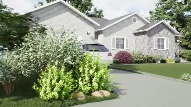 Animation Beautiful White American Well Maintained House Garage Landscaping Well — Stock Video