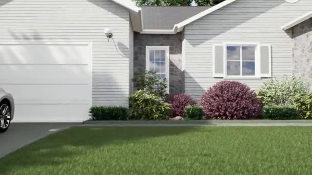 3D动画 漂亮的白色美国人很好地维护房子与车库和美化 有树木的庭院 — 图库视频影像
