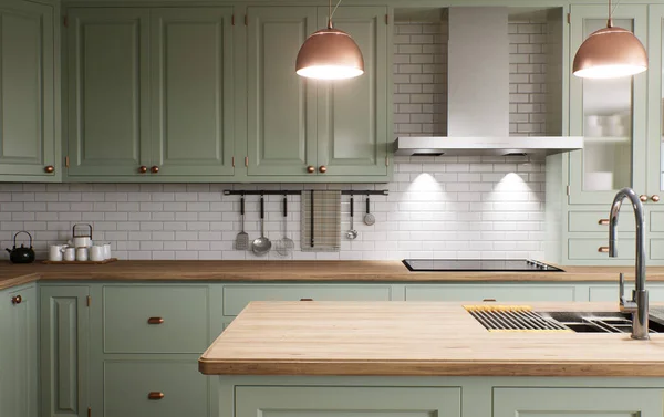 Grüne Küche Mit Insel Stilvolle Küche Mit Holzarbeitsplatten Gemütliche Olivenküche — Stockfoto