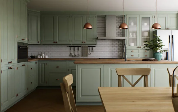 Grüne Küche Mit Insel Stilvolle Küche Mit Holzarbeitsplatten Gemütliche Olivenküche — Stockfoto