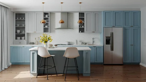Blauwe Keuken Interieur Met Eiland Stijlvolle Keuken Met Witte Aanrechtbladen — Stockfoto
