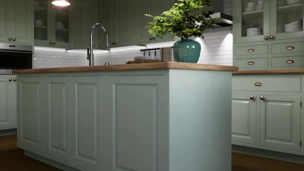 Green Kitchen Interior Island Stylish Kitchen Wooden Worktops Cozy Olive — Stock Video