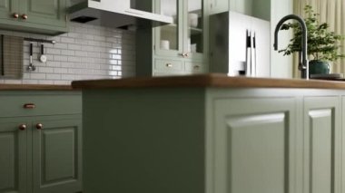 Adanın içindeki yeşil mutfak. Ahşap atölyeli şık bir mutfak. Konforlu zeytin mutfağı, mutfak gereçleri ve aletleri. Mutfağın çalışma alanı. 3 Boyutlu Canlandırma