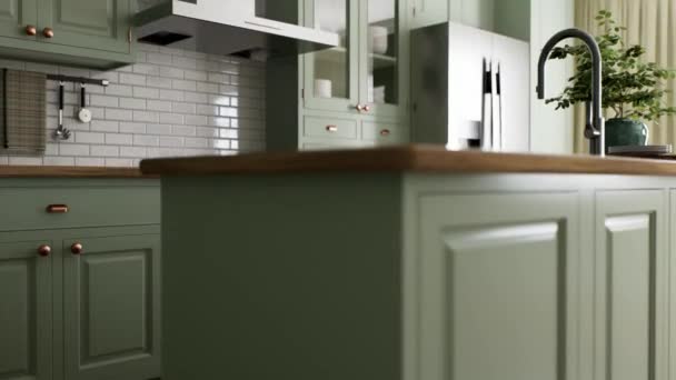 島と緑のキッチンインテリア 木製の作業台付きのスタイリッシュなキッチン 調理器具や家電付きの居心地の良いオリーブキッチン キッチンの作業スペース 3Dアニメーション — ストック動画