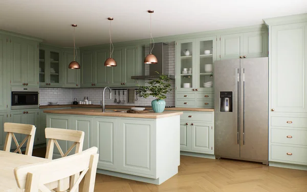 Grüne Küche Mit Insel Stilvolle Küche Mit Holzarbeitsplatte Gemütliche Olivenküche — Stockfoto