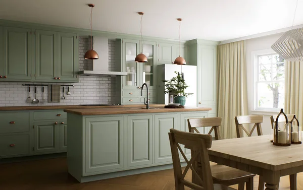 Grüne Küche Mit Insel Stilvolle Küche Mit Holzarbeitsplatte Gemütliche Olivenküche — Stockfoto