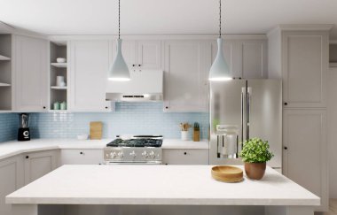 Geniş, parlak bir mutfak, mavi önlük ve mavi sandalyeler. 3D görüntüleme. Mutfak gereçleri ve mutfak aletlerinin arka planındaki mermer tezgaha odaklan.