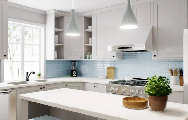 宽敞明亮的厨房 有蓝色围裙和蓝色椅子 3D渲染 在厨房用具和器皿的背景下 将焦点放在大理石台面上 — 图库照片