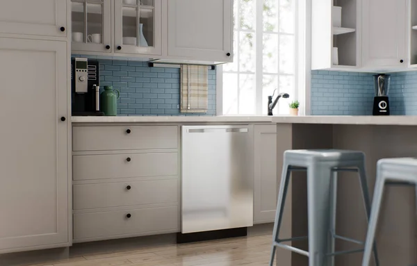 宽敞明亮的厨房 有蓝色围裙和蓝色椅子 3D渲染 在白色厨房里的洗碗机和其他器具 — 图库照片