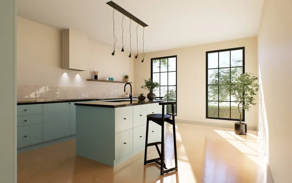 Modern spacious bright kitchen with sunlight and dark accents. 3d visualization. A green kitchen with minimal fronts, black bar stools, an island with drawers and kitchen utensils.