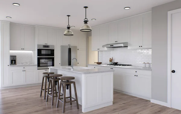 Grote Witte Keuken Met Eiland Alle Benodigde Apparatuur Weergave Houten — Stockfoto